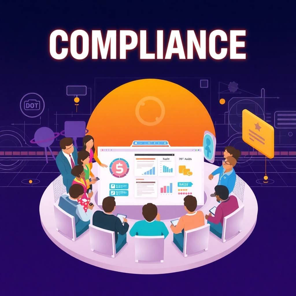 A diverse team gathers around a digital compliance board to analyze DOT audits and performance data, emphasizing drug and alcohol testing compliance.
