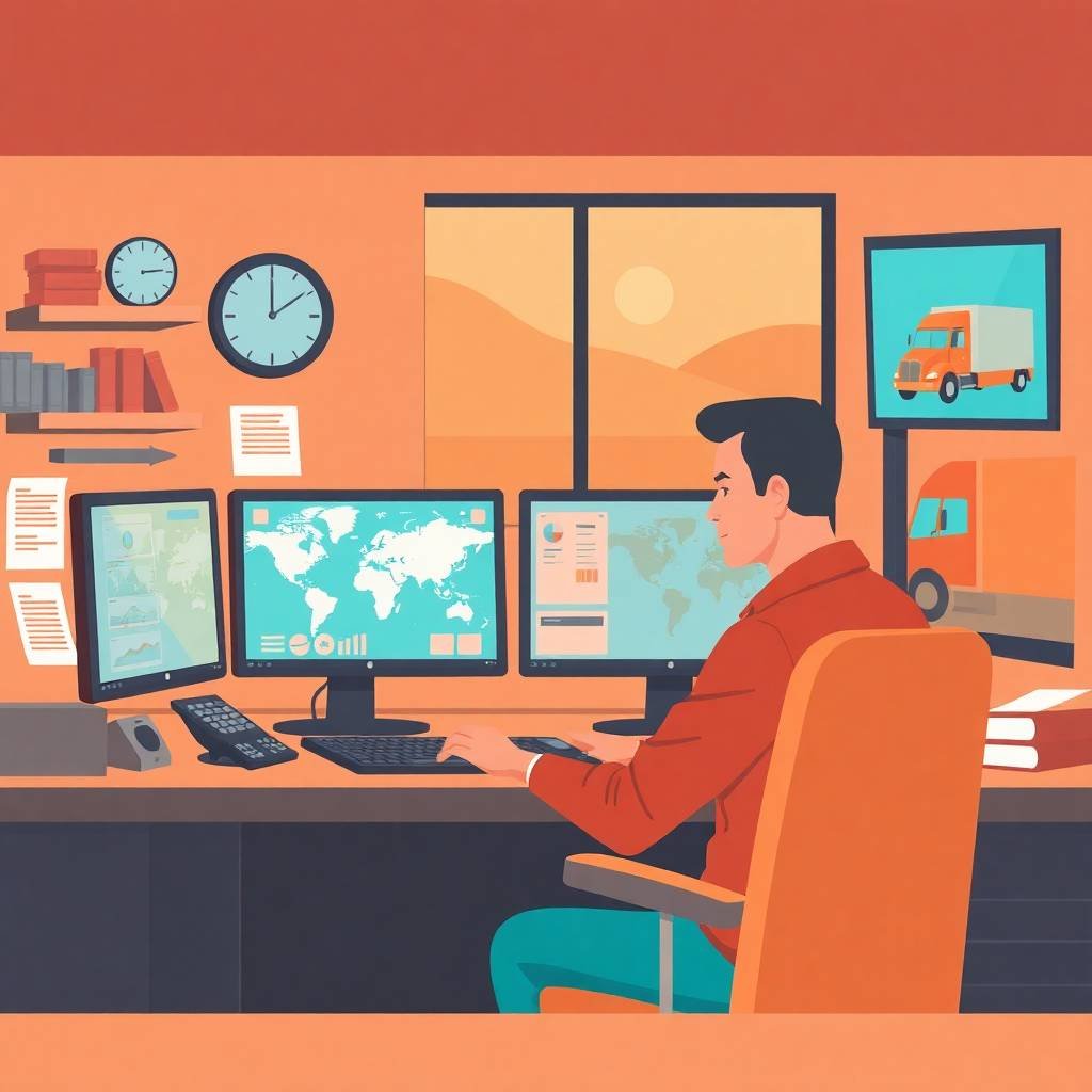 DVIR Compliance Checklist monitored by dispatcher using multiple screens in trucking office