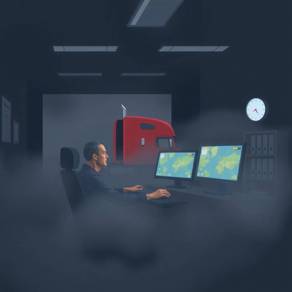 DVIR Compliance Checklist monitored by dispatcher in foggy night dispatch office