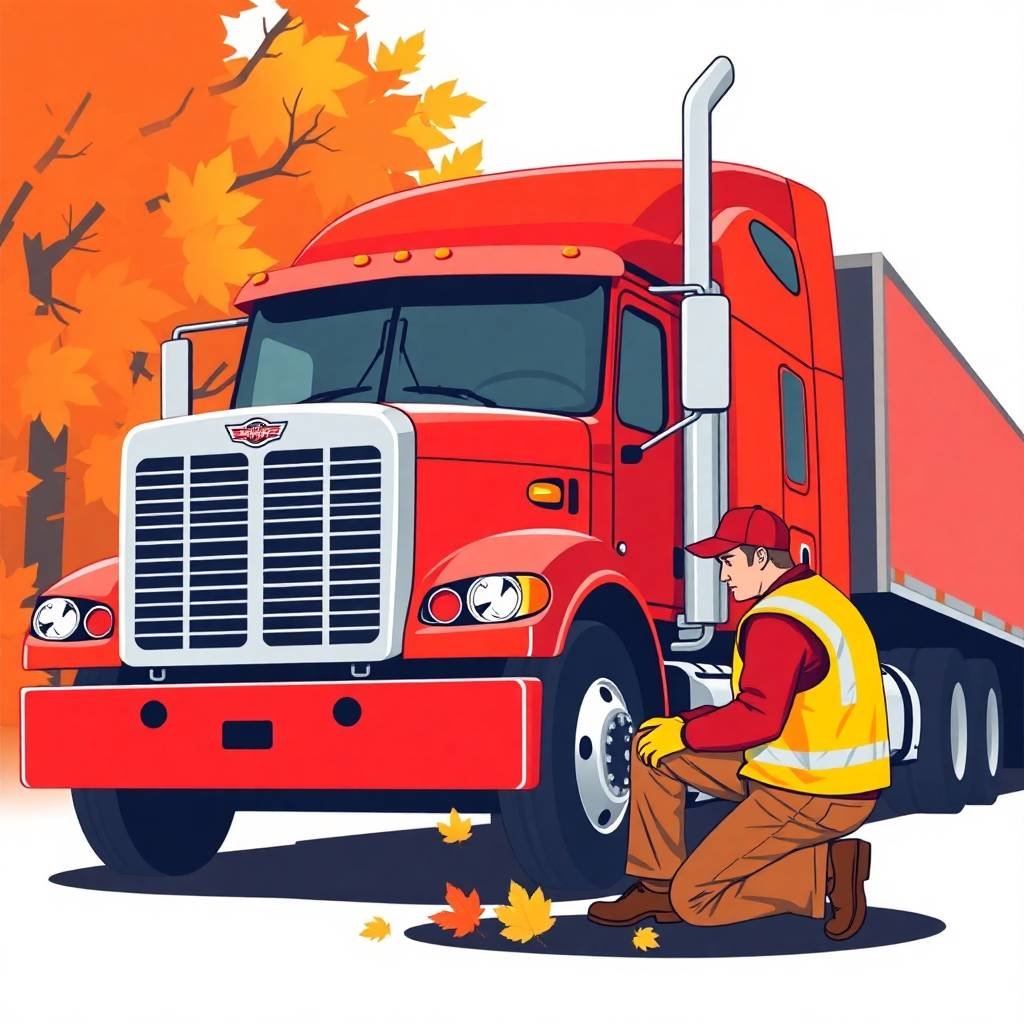 DVIR Compliance Checklist inspection by truck driver kneeling by tire in autumn

