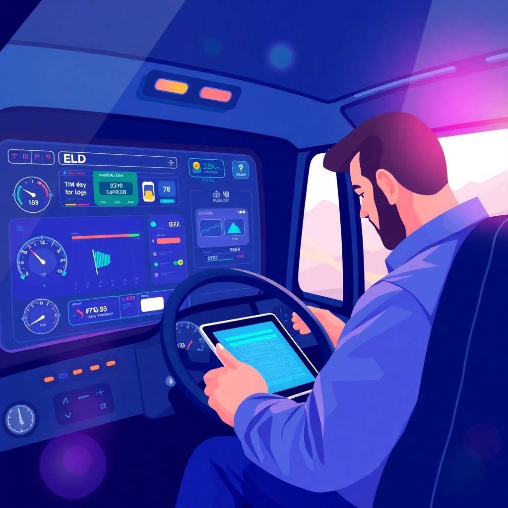 Truck driver using an ELD system inside the cab to ensure owner-operator compliance help
