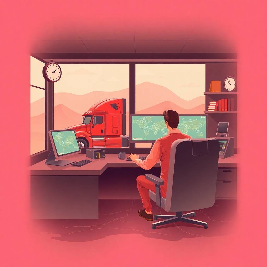 ELD Device Requirements shown in an infrared-toned trucking dispatch office with dispatcher at workstation