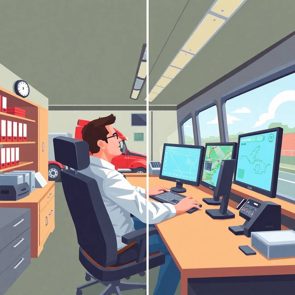ELD Device Requirements compliance monitored in split-view trucking dispatch office