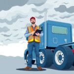 ELD Device Requirements truck inspection during stormy weather by driver in safety vest