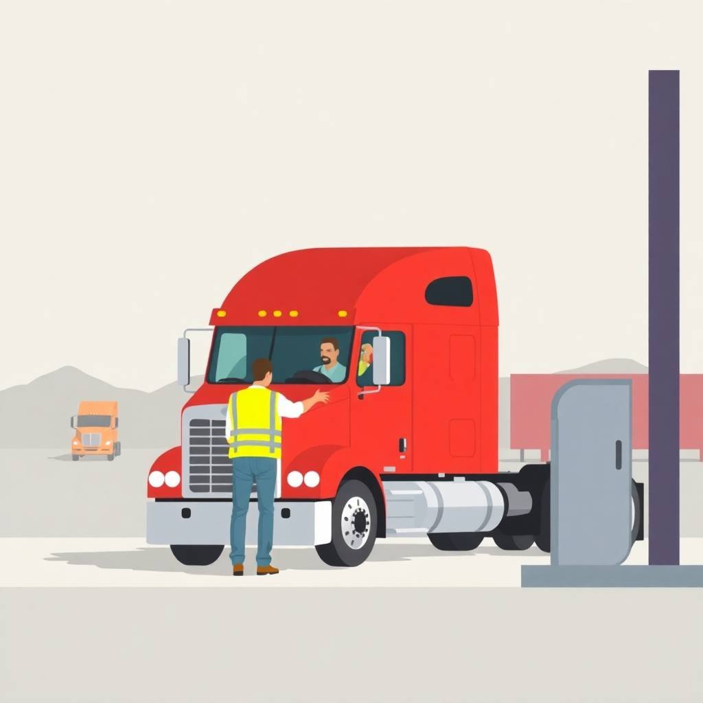 ELD Device Requirements discussion at truck stop between safety officer and truck driver