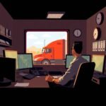 Dispatcher in trucking office monitoring multiple screens with maps and a truck outside, illustrating ELD Device Requirements