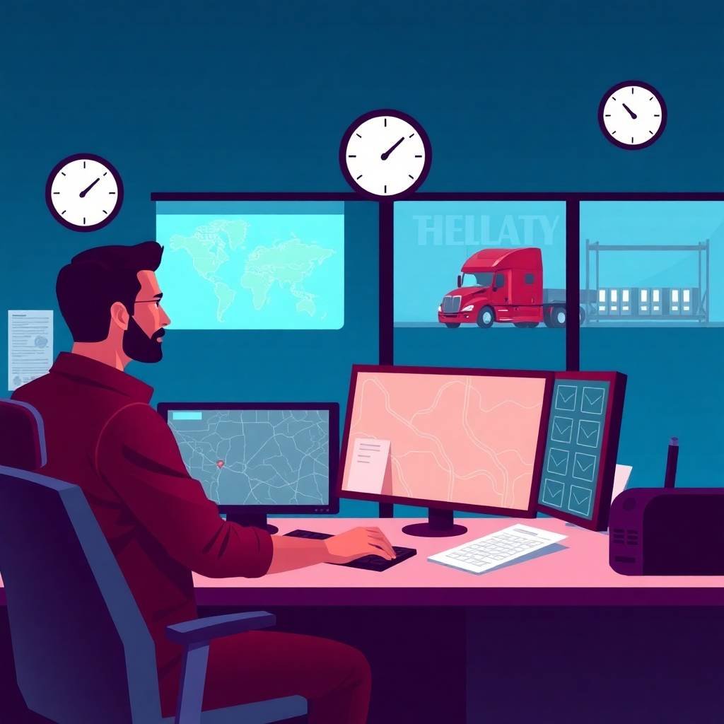 LD Device Requirements illustrated by a trucking dispatcher monitoring fleet data on multiple screens