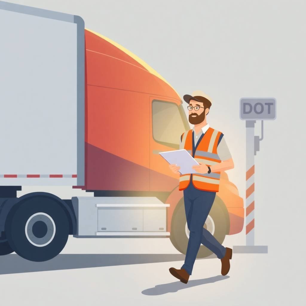 A truck driver in a reflective vest holding a clipboard walks beside a semi-truck at a DOT station, illustrating FMCSA Biennial Update Requirements.
