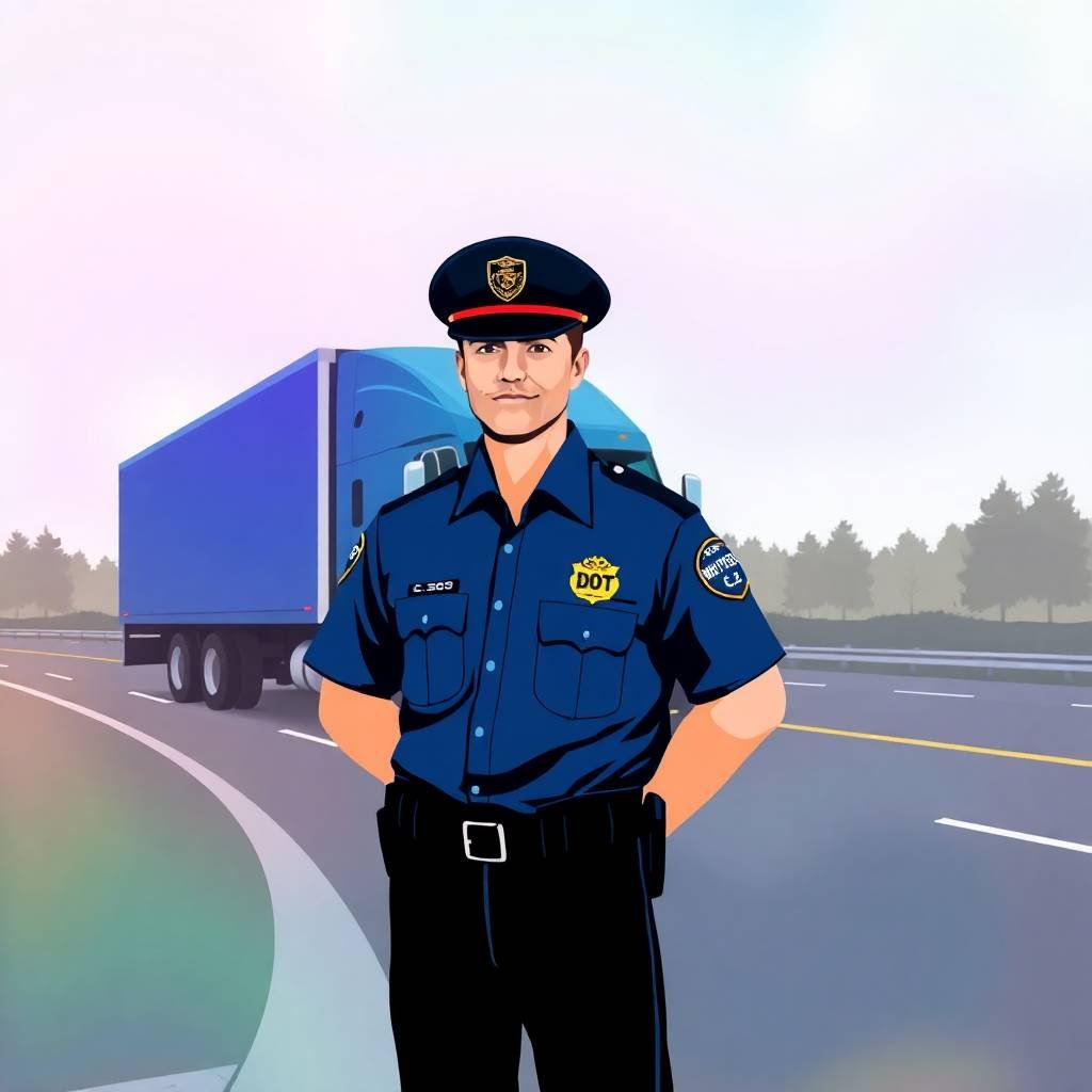 DOT officer standing beside a semi-truck on the highway ensuring FMCSA Biennial Update Requirements compliance.