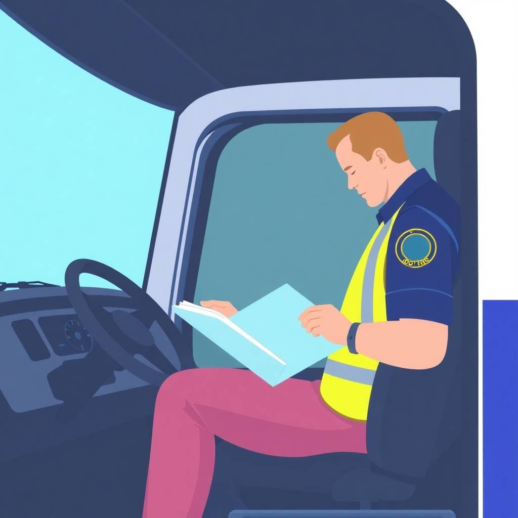 DOT officer reviewing a truck driver's logbook inside a cab, representing FMCSA Biennial Update Requirements.