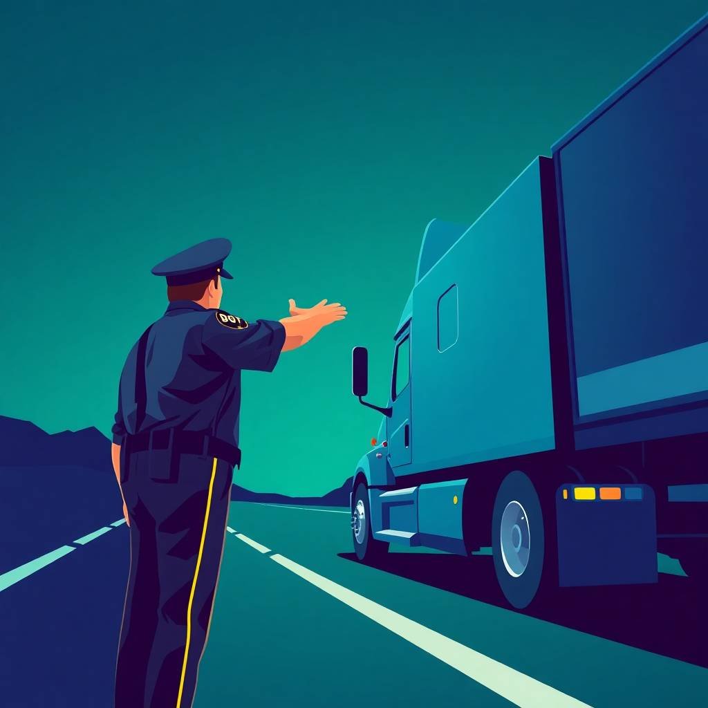 A DOT officer signaling a semi-truck to stop for FMCSA Biennial Update Requirements compliance check.