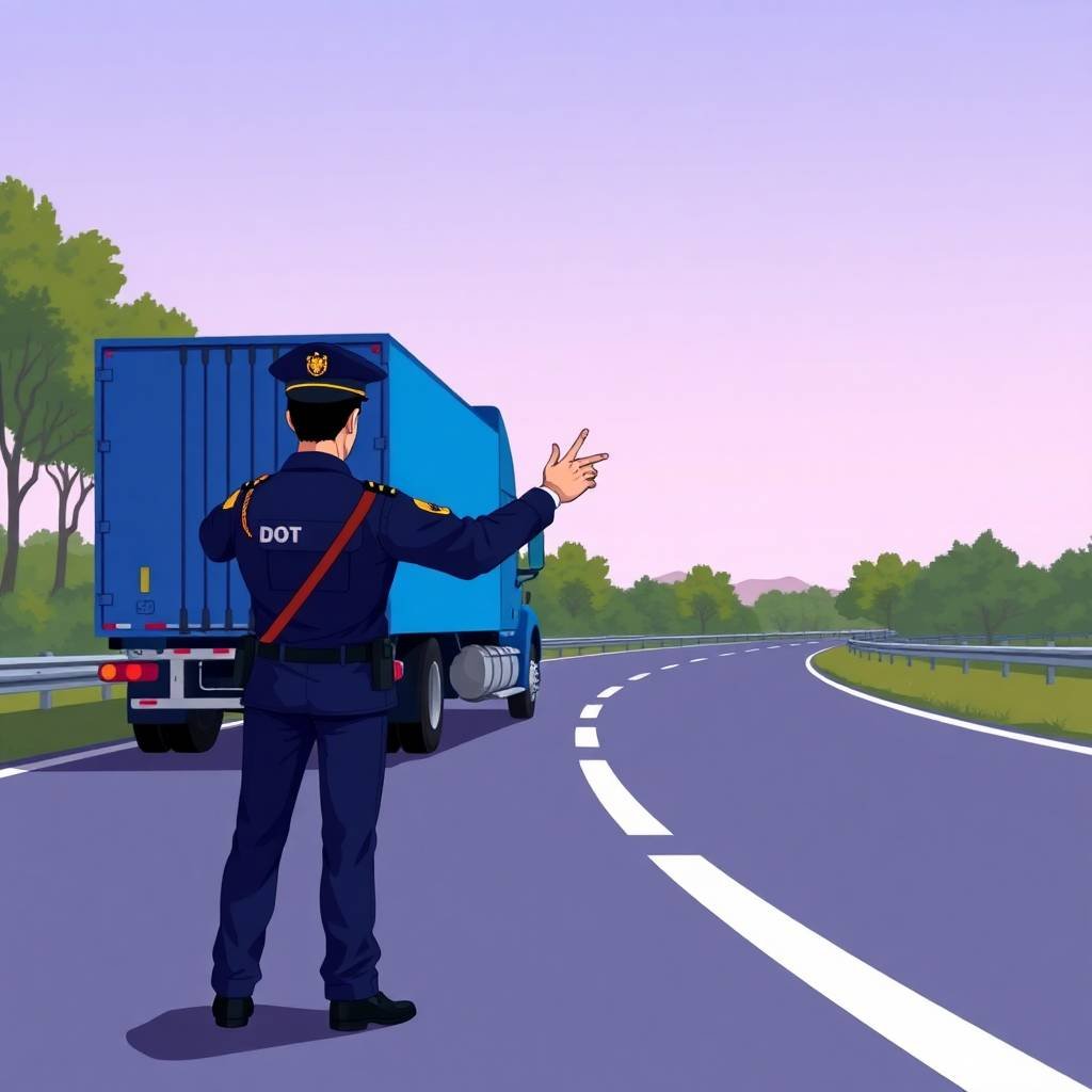 DOT officer signaling a blue semi-truck on the highway to enforce FMCSA Biennial Update Requirements.
