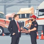 FMCSA Biennial Update Requirements discussion between a trucking company owner and a mechanic in a commercial truck facility