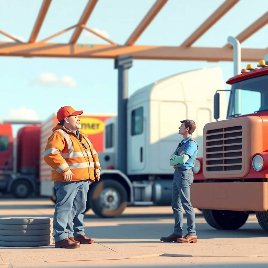 A trucking company owner and a mechanic stand in a truck yard discussing FMCSA Biennial Update Requirements, rendered in a sculptural clay art style.