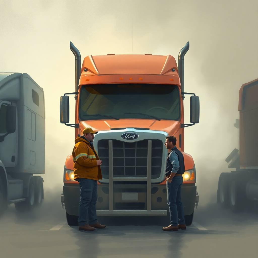 Two men, a trucking company owner and a mechanic, stand in front of a large orange truck in a foggy yard discussing FMCSA Biennial Update Requirements.