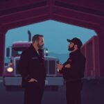 FMCSA Biennial Update Requirements discussion in a truck yard between a company owner and a mechanic at dusk