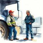 Trucking company owner and mechanic discuss compliance near a semi-truck, related to FMCSA Biennial Update Requirements.