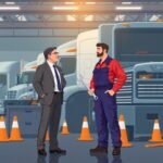 FMCSA Biennial Update Requirements discussion between a trucking company owner and a mechanic in a truck maintenance facility