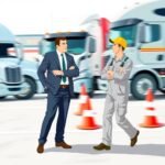 FMCSA Biennial Update Requirements discussed by a trucking company owner and a mechanic in front of commercial trucks