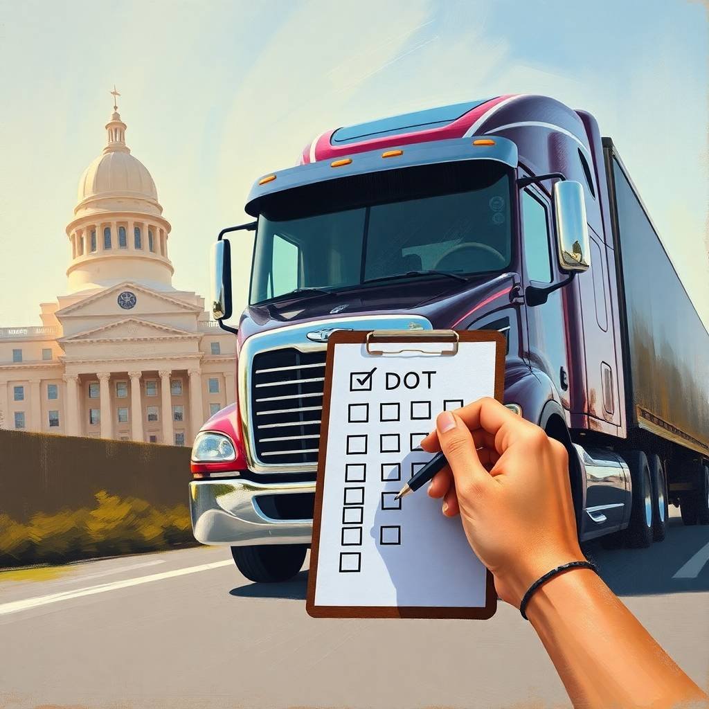 A checklist labeled DOT held in front of a semi-truck with a government building in the background, symbolizing FMCSA Clearinghouse Compliance.