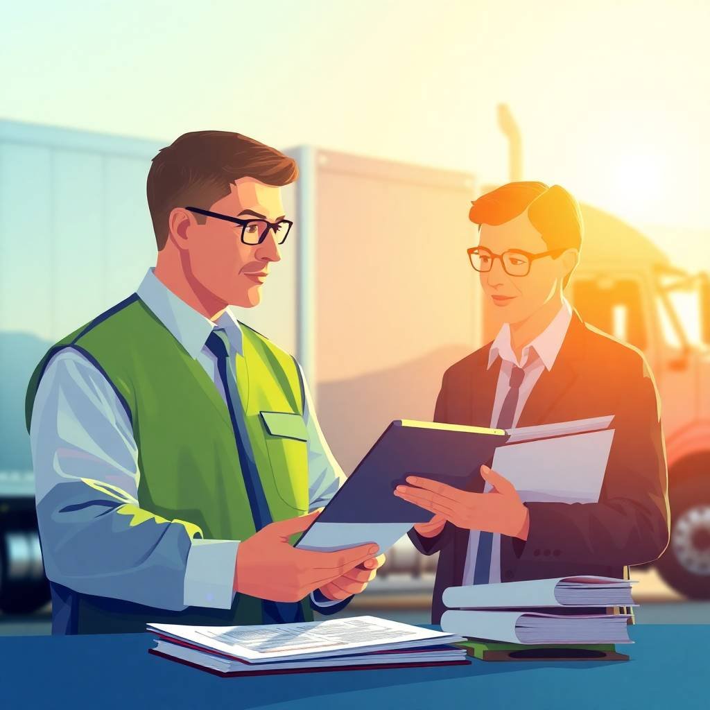 A DOT compliance officer and a trucking manager conducting a review on a tablet during a safety audit, representing FMCSA Clearinghouse Compliance.