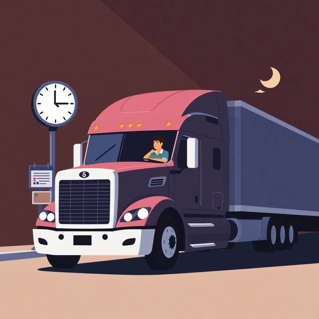 FMCSA Compliance Help for Trucking Companies showing a driver parked at a rest stop under a night sky