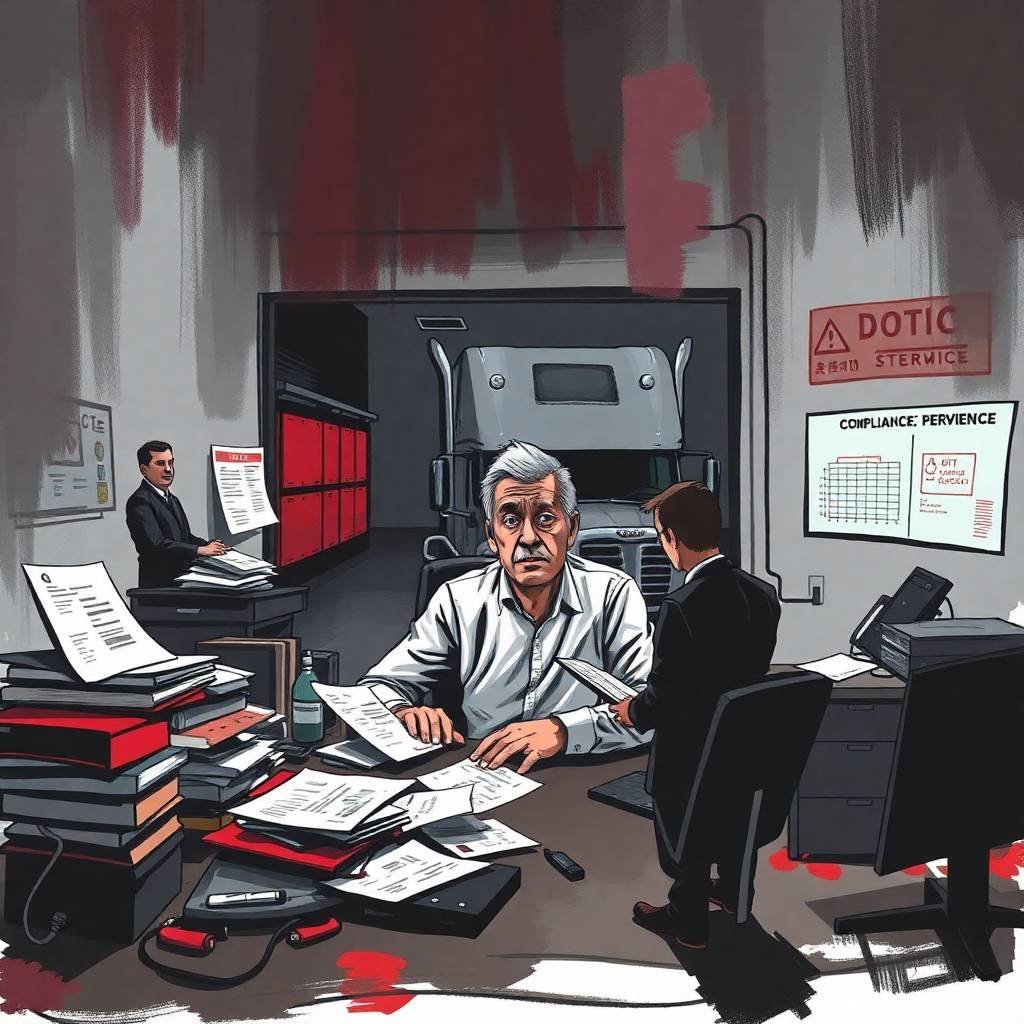 A stressed trucking company owner faces paperwork chaos and audit pressures tied to FMCSA Compliance Requirements for Trucking Companies.