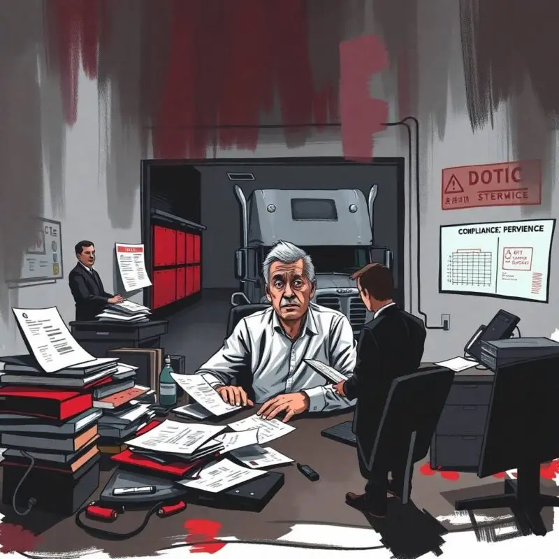 A stressed trucking company owner faces paperwork chaos and audit pressures tied to FMCSA Compliance Requirements for Trucking Companies.