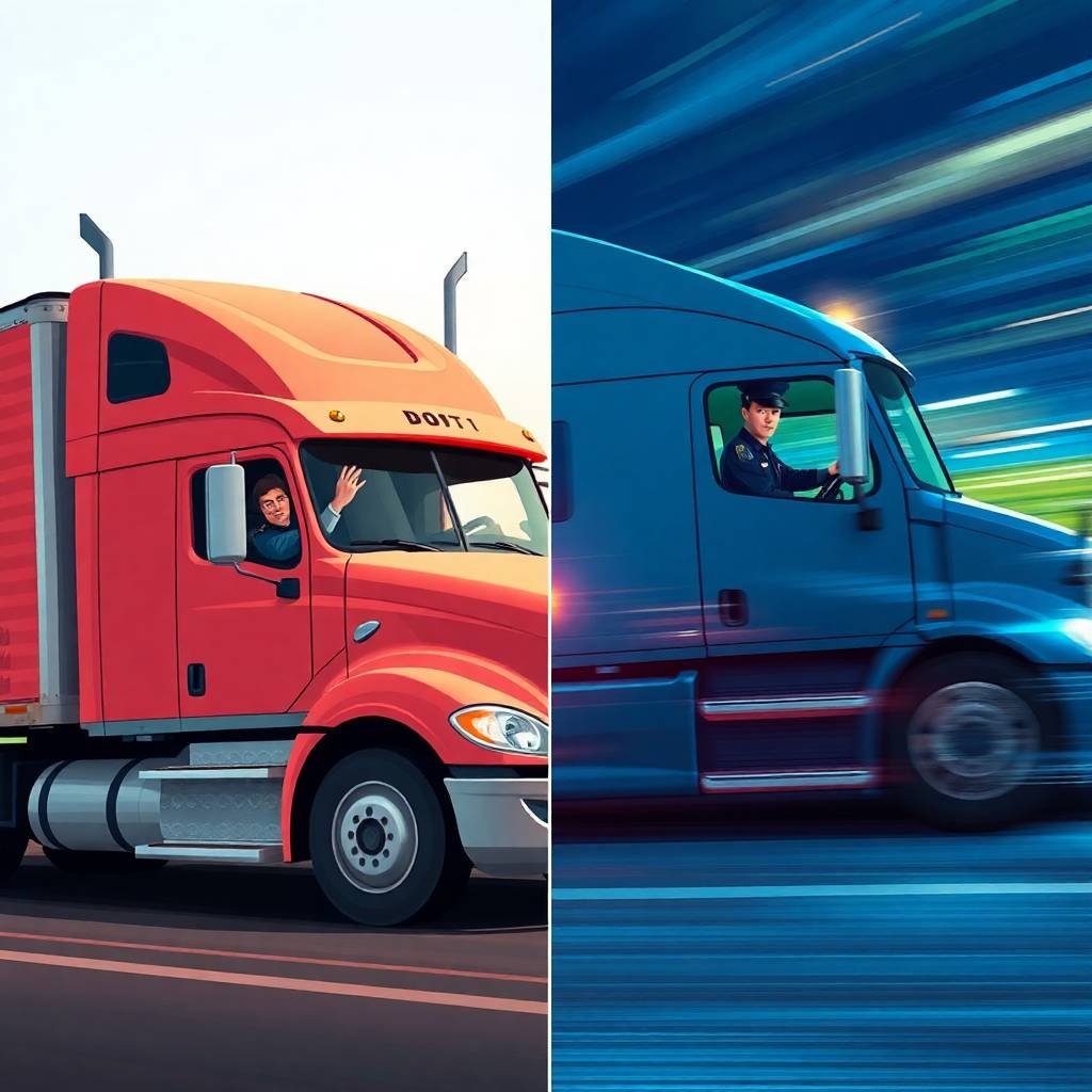 A split-screen illustration showing a comparison between a non-compliant red truck and a compliant blue truck, symbolizing FMCSA Compliance Requirements for Trucking Companies.