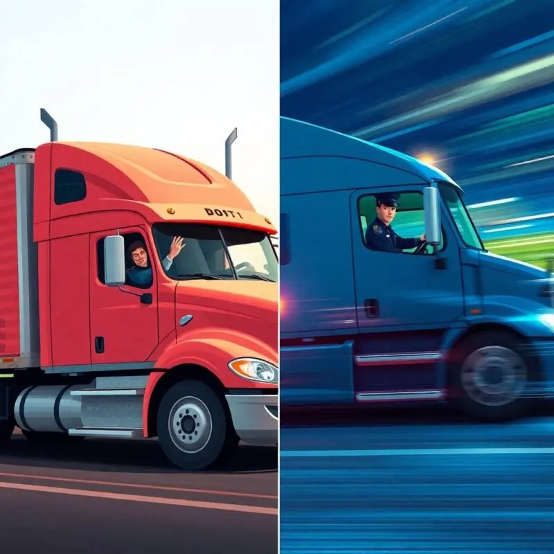 A split-screen illustration showing a comparison between a non-compliant red truck and a compliant blue truck, symbolizing FMCSA Compliance Requirements for Trucking Companies.