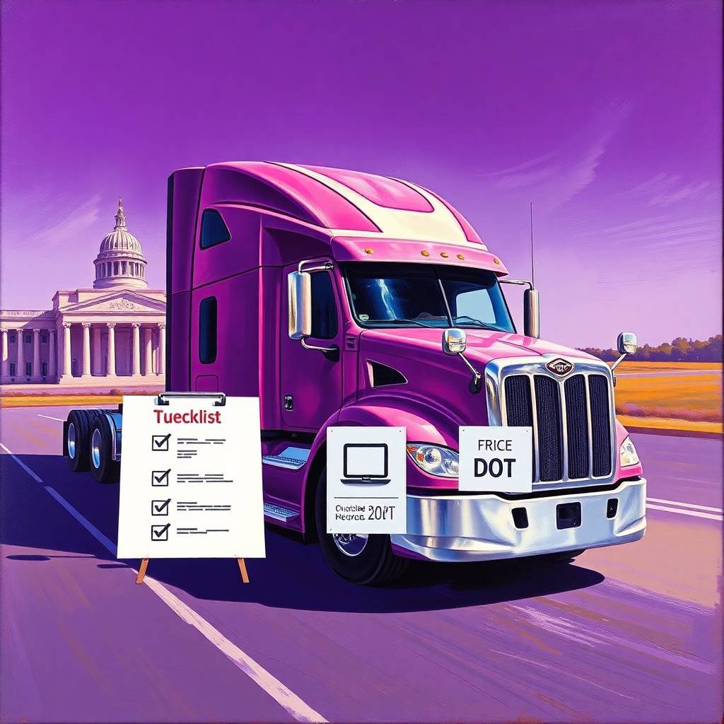A vibrant semi-truck near a compliance checklist and DOT icons, representing FMCSA Compliance Requirements for Trucking Companies.