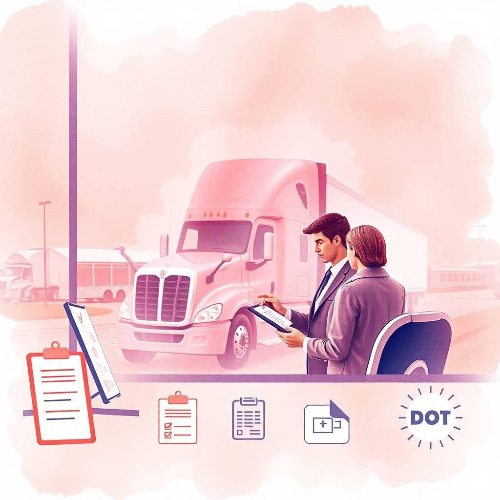 A watercolor-style illustration showing a DOT officer and fleet representative reviewing a checklist in front of a semi-truck, illustrating FMCSA Compliance Requirements for Trucking Companies.