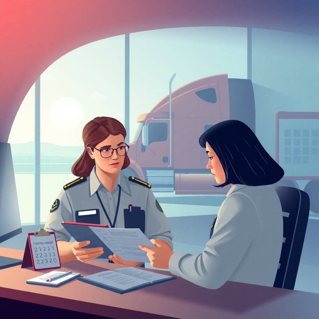 A DOT officer and fleet manager reviewing documents inside a trucking compliance office, illustrating FMCSA Compliance Requirements for Trucking Companies.
