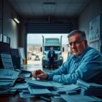 Stressed trucking company owner reviewing FMCSA Compliance Requirements for Trucking Companies during a paperwork audit.
