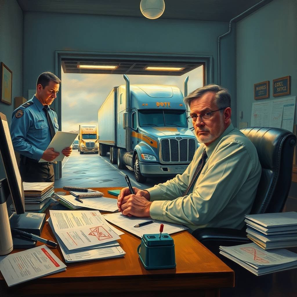 A trucking company owner and DOT officer review documents for FMCSA Compliance Requirements for Trucking Companies.