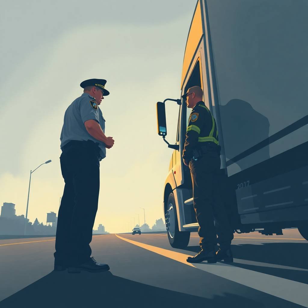 A roadside DOT inspection scene depicting FMCSA Compliance Requirements for Trucking Companies.