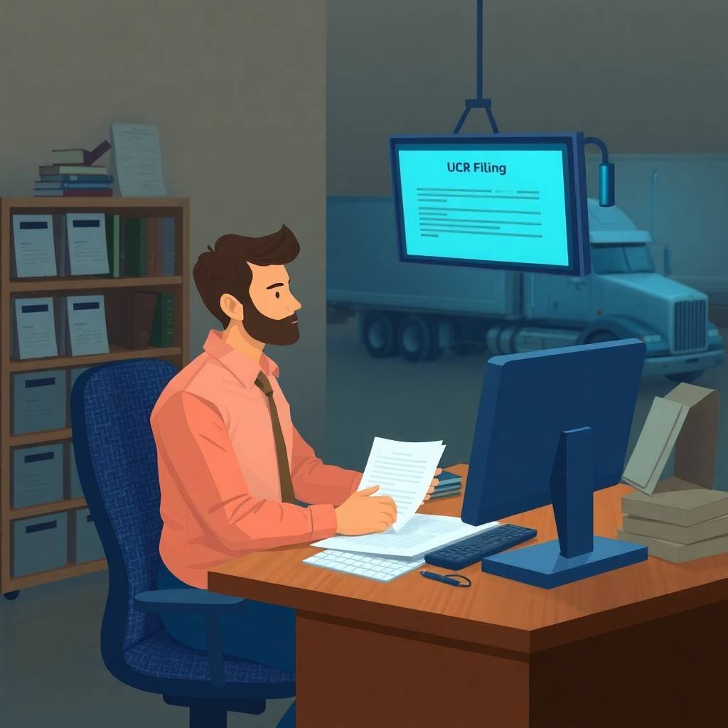A compliance officer in a trucking office working on UCR filing as part of FMCSA Compliance Requirements for Trucking Companies.