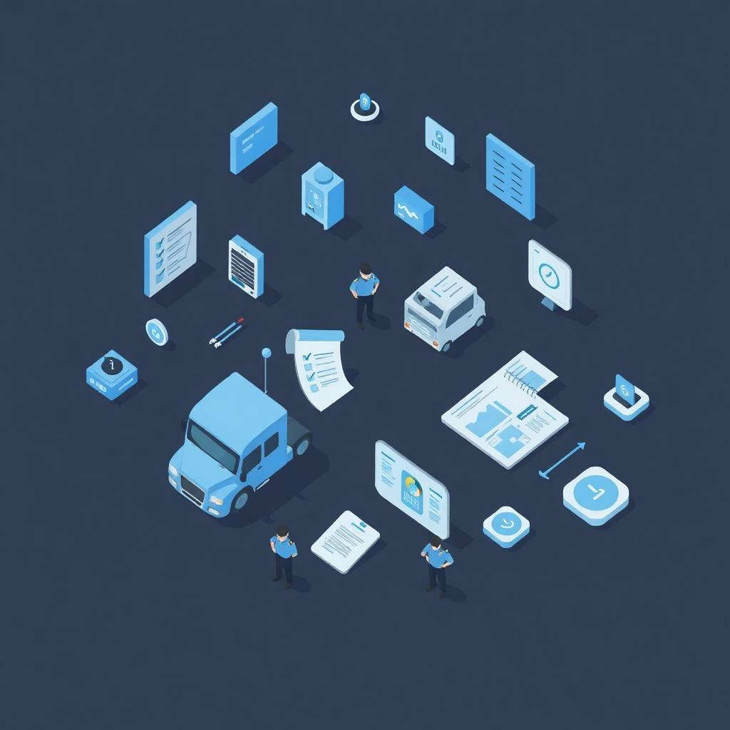 FMCSA compliance services for owner-operators illustrated with digital checklists, enforcement icons, and commercial truck elements.