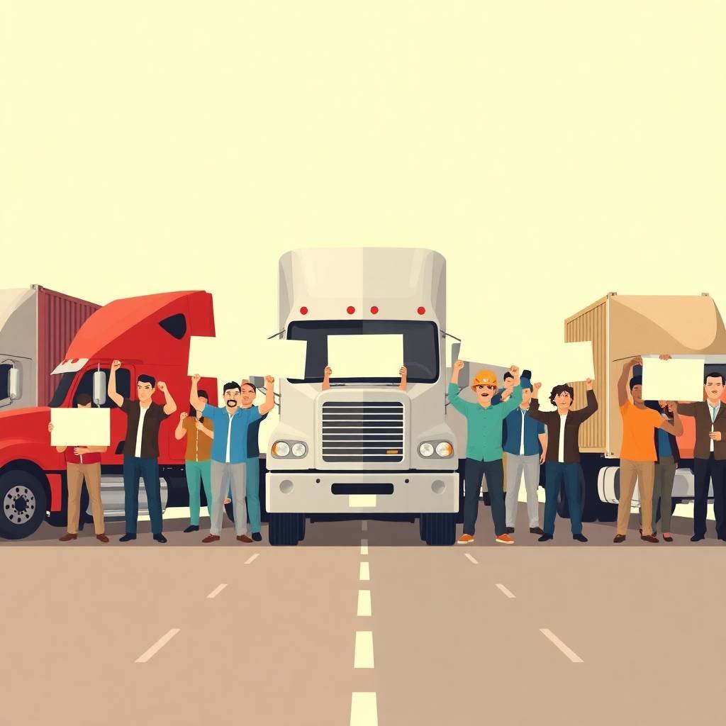 FMCSA compliance services for owner-operators shown through a unified group of drivers standing before semi-trucks with protest signs.