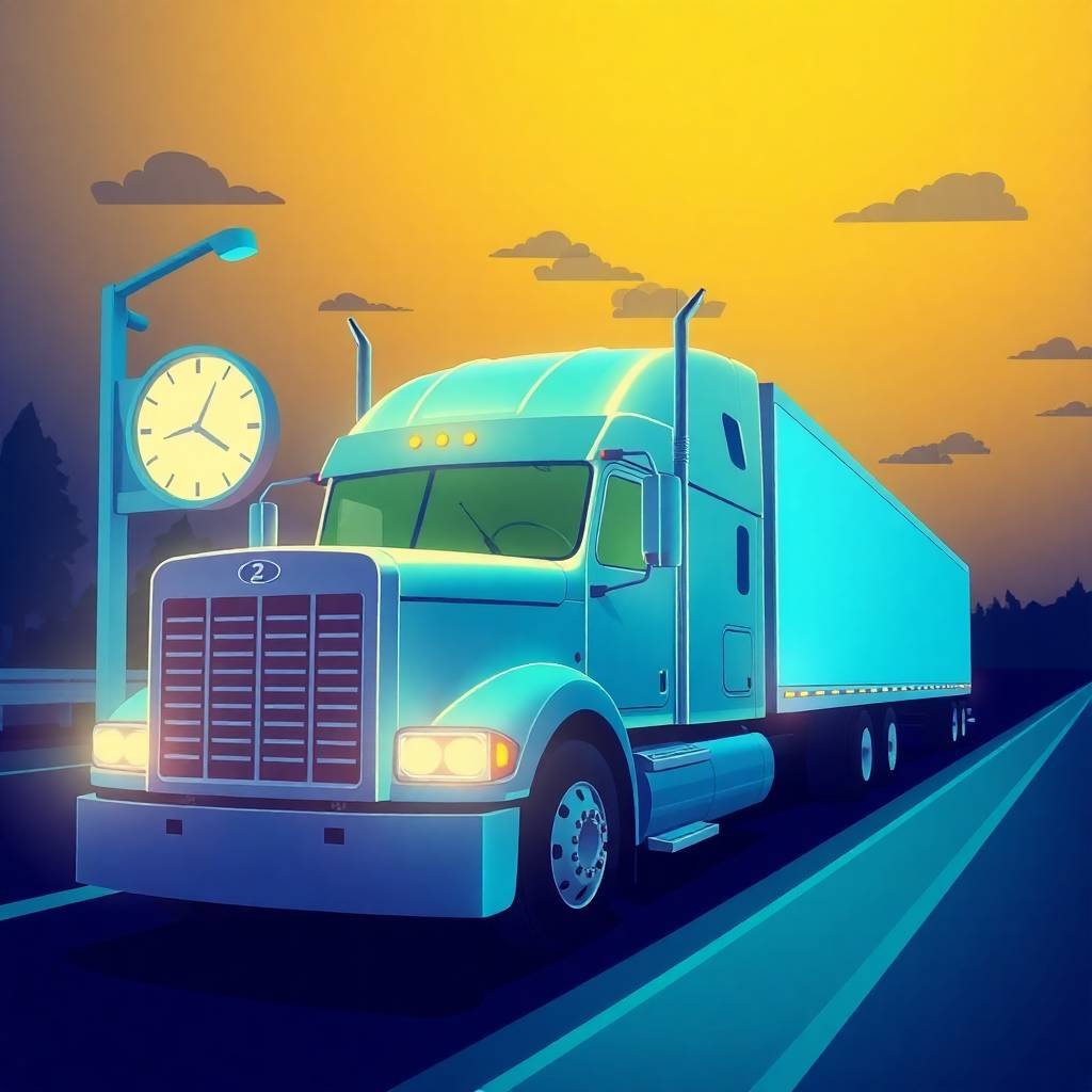 FMCSA compliance services for owner-operators illustrated by a glowing semi-truck at a rest stop near a large clock.