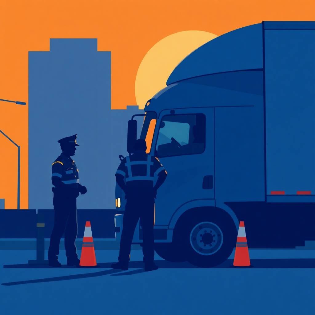 FMCSA compliance services for owner-operators shown in a roadside truck inspection at sunset.