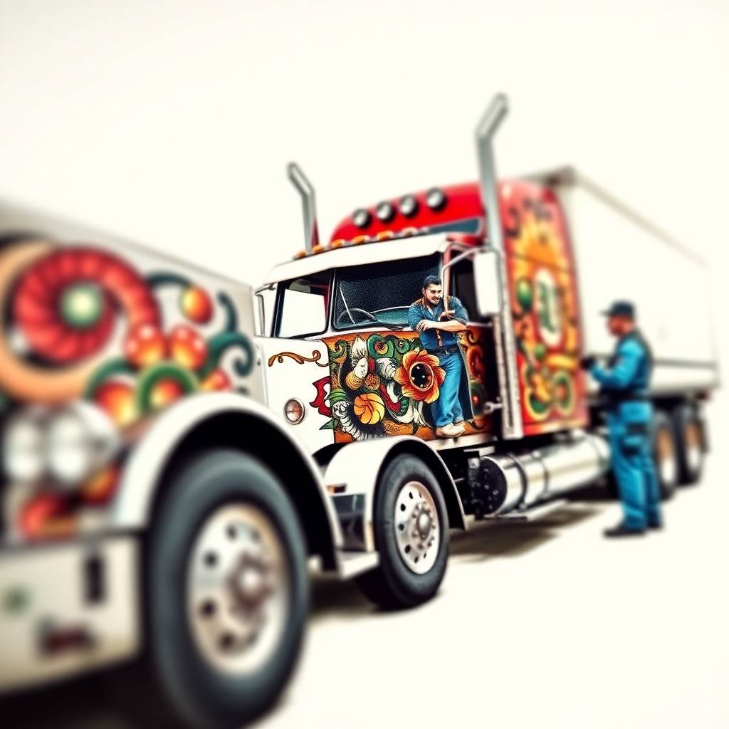 Truck driver and mechanic discuss near a custom-painted semi-truck with tattoo-style art, representing FMCSA DataQ Challenges: How to Correct Violations.