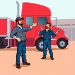 Flat illustration of a truck driver and mechanic discussing repairs near a red semi-truck, representing FMCSA DataQ Challenges: How to Correct Violations.
