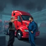 Truck driver points at a red semi-truck while a mechanic holds a wrench, representing FMCSA DataQ Challenges: How to Correct Violations.