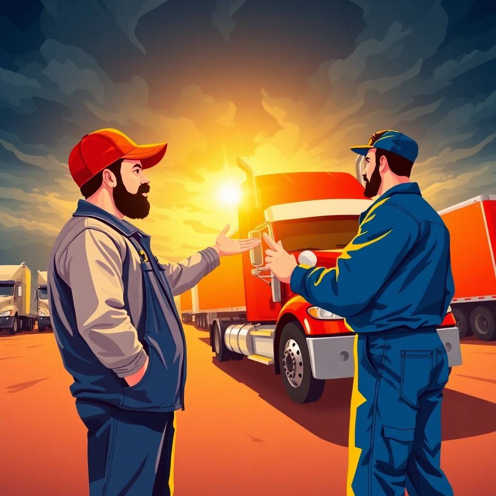 Truck driver and mechanic discuss a red semi-truck at sunset, symbolizing FMCSA DataQ Challenges: How to Correct Violations.