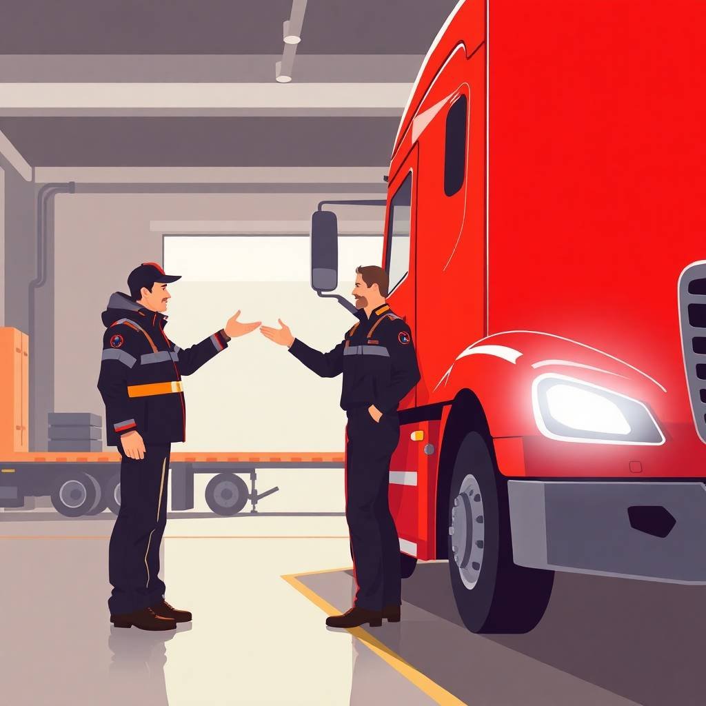 Truck driver and mechanic discussing in front of a red semi-truck, highlighting FMCSA DataQ Challenges: How to Correct Violations