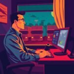 Fleet manager reviewing trucking performance data on dual monitors in office with window view of trucks, related to FMCSA DataQ Challenges: How to Correct Violations.