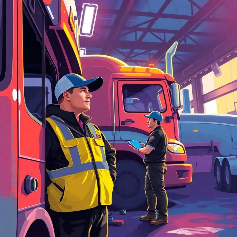 Truck driver and inspector reviewing documents in a fleet yard, illustrating FMCSA DataQ Challenges: How to Correct Violations.