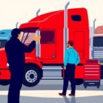Flat illustration of a truck driver gesturing toward a red semi-truck while a mechanic listens, symbolizing FMCSA DataQ Challenges: How to Correct Violations.