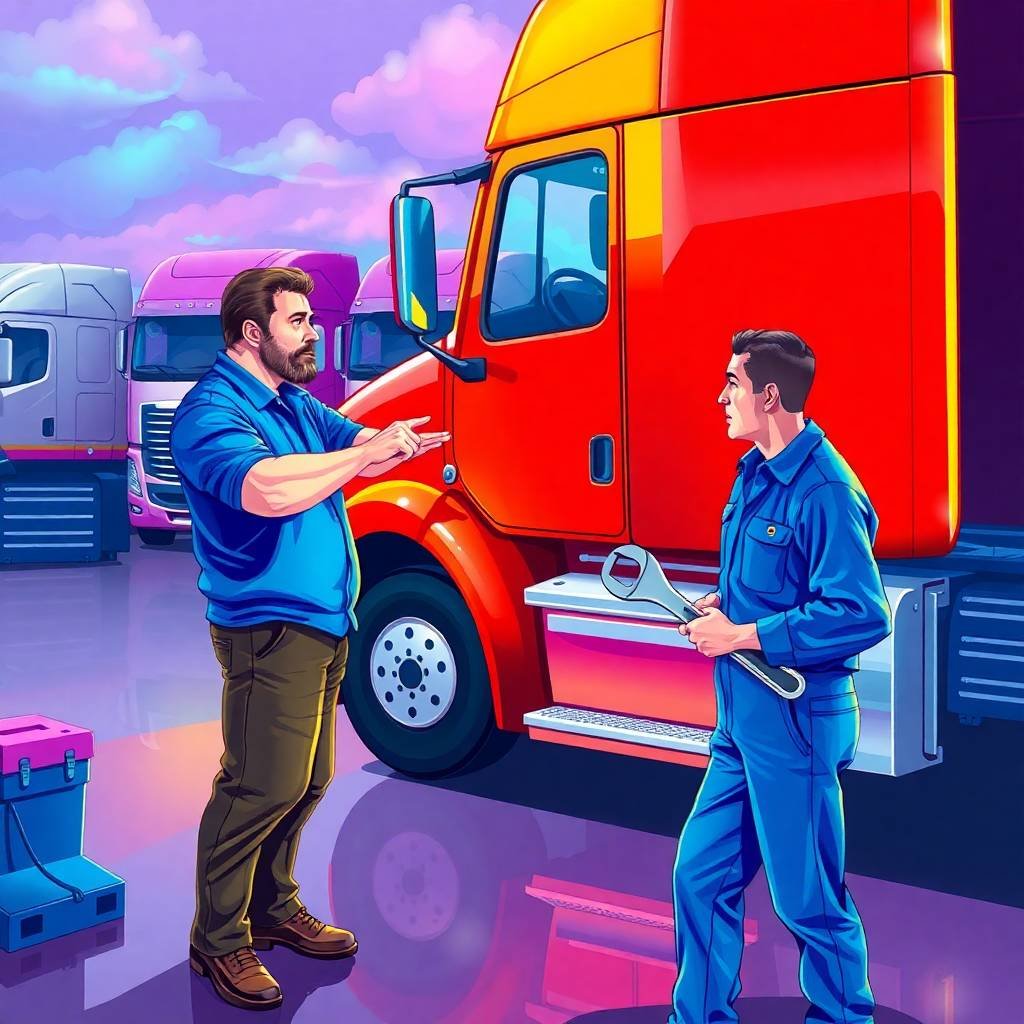 Truck driver gestures toward red semi-truck while mechanic listens, illustrating FMCSA DataQ Challenges: How to Correct Violations.